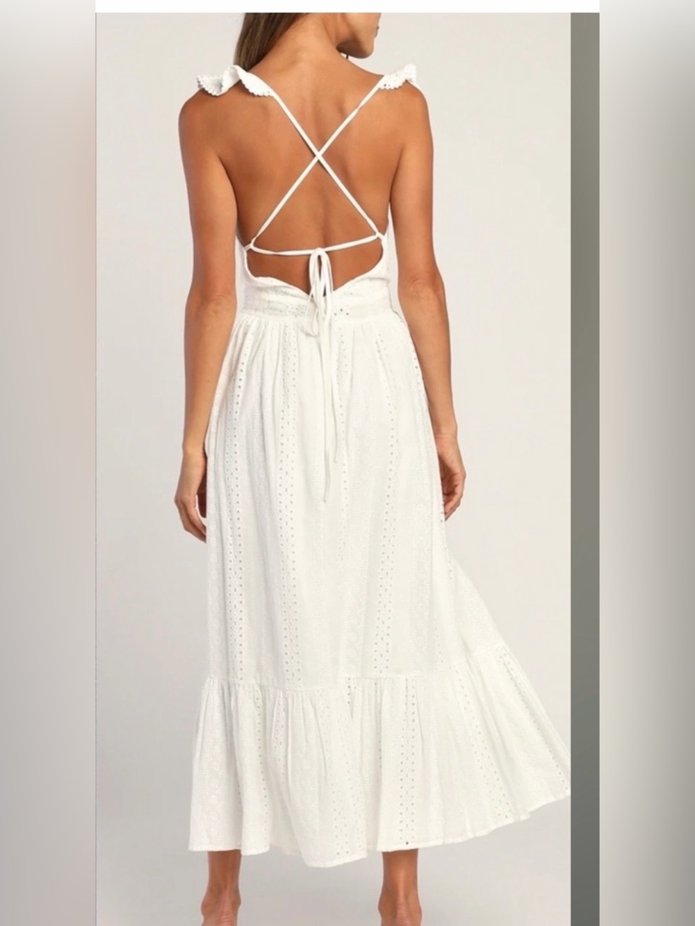 Lulus Sicilian Sun White Eyelet Embroidered Ruffled Lace-Up Midi Dress - Picture 6 of 6